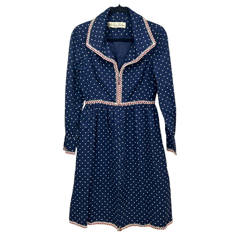 Vtg 70's Mollie Parnis Boutique Womens Dress Polka Dot Pleated Skirt Blue Sz M*